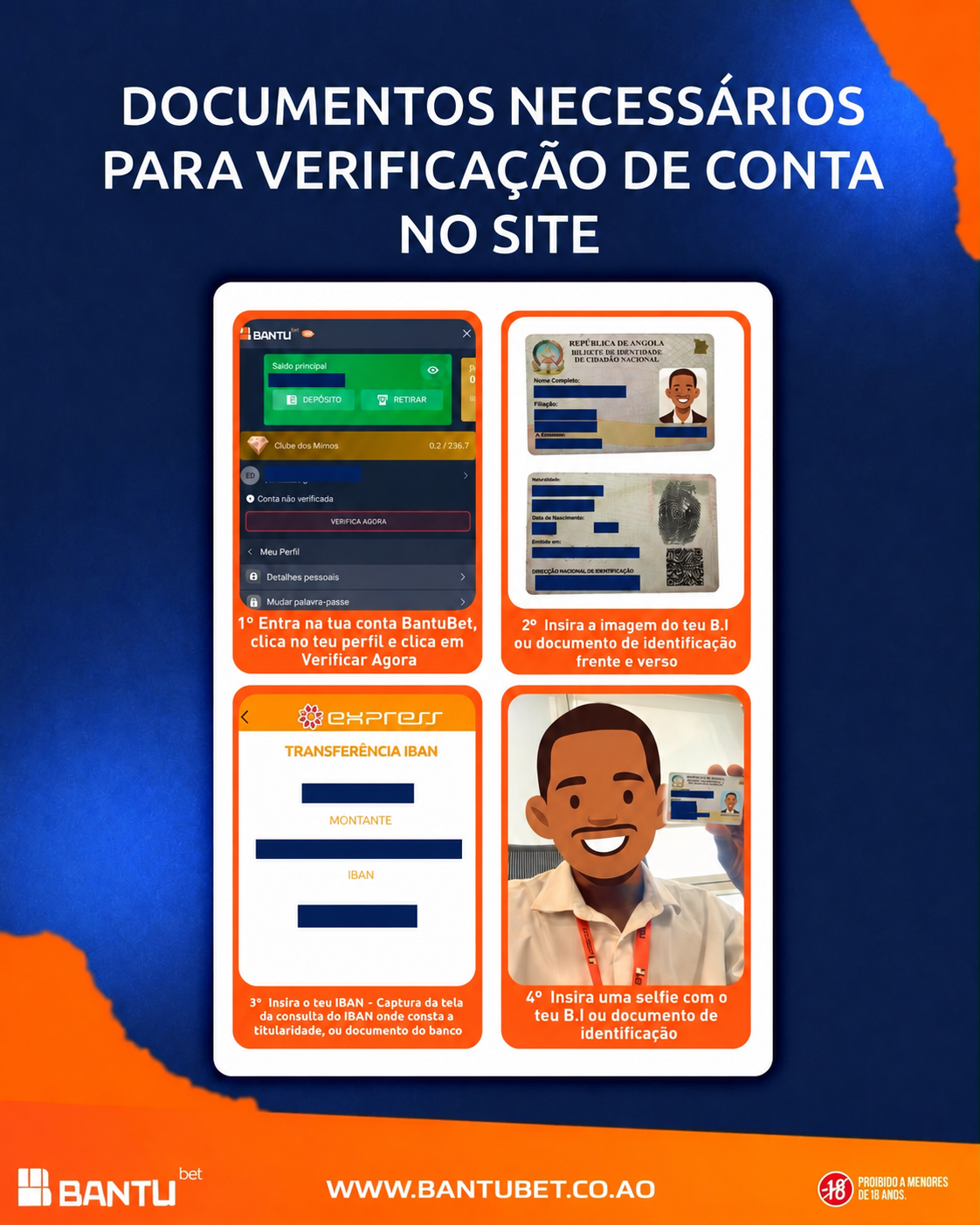 Documentos necessários para verificar a conta Bantubet: identificação, comprovativo de IBAN e selfie com o documento