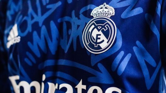 Vista de close-up de uma camisa de futebol azul do Real Madrid apresentando o logo e elementos de design da equipe.