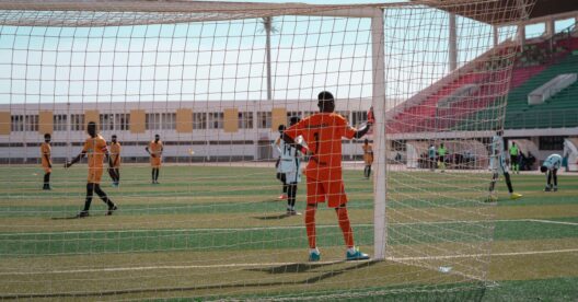 Guarda-redes de futebol em ação num campo