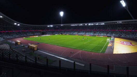 Estádio de futebol vazio, bem iluminado, com campo verde sob os holofotes durante a noite.