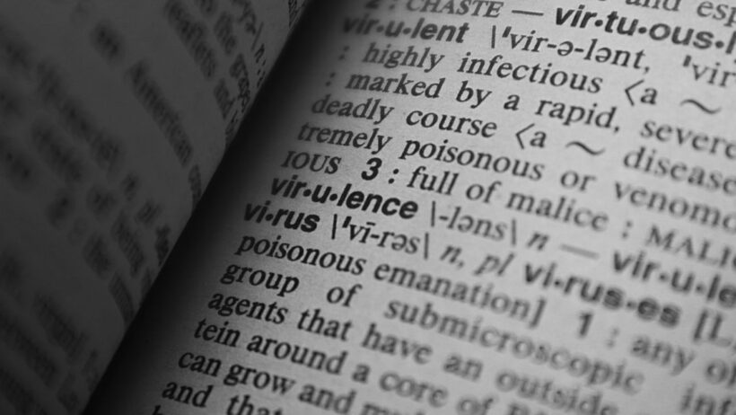Página de um dicionário aberto com foco nas palavras 'virtuous' e 'virulence'.